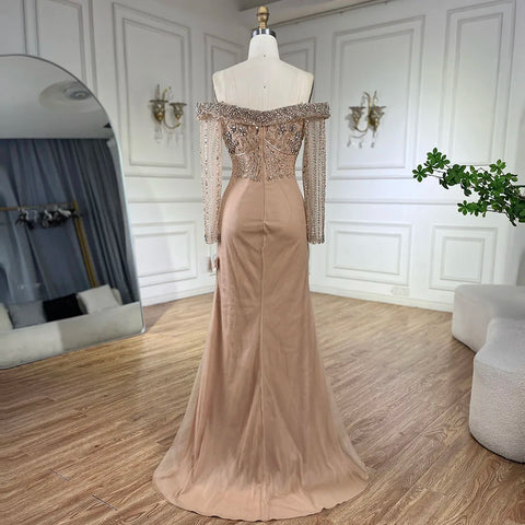 Nude Mermaid Elegant Beaded Luxury Evening Dress Gown with Overskirt LA72397