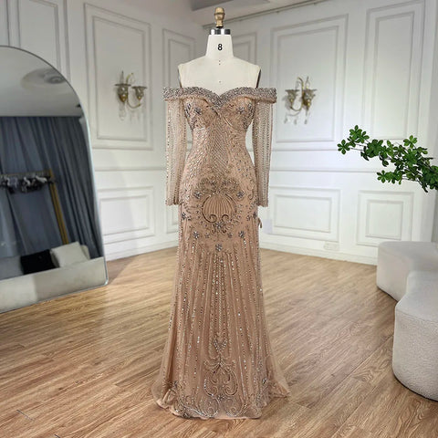 Nude Mermaid Elegant Beaded Luxury Evening Dress Gown with Overskirt LA72397