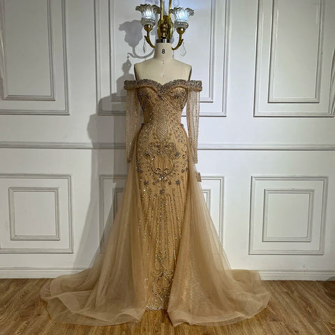 Nude Mermaid Elegant Beaded Luxury Evening Dress Gown with Overskirt LA72397