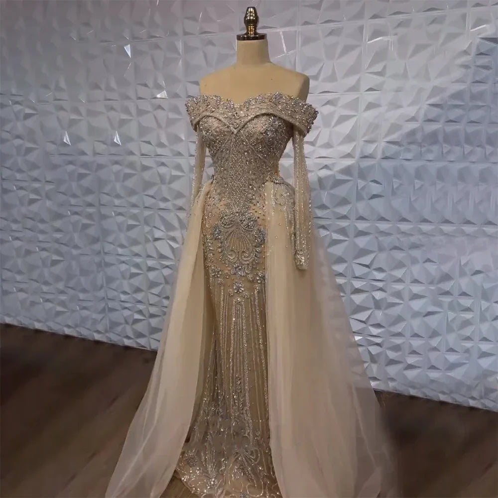 Nude Mermaid Elegant Beaded Luxury Evening Dress Gown with Overskirt LA72397
