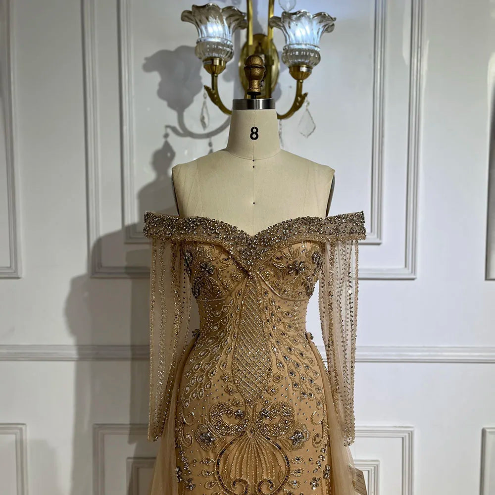 Nude Mermaid Elegant Beaded Luxury Evening Dress Gown with Overskirt LA72397