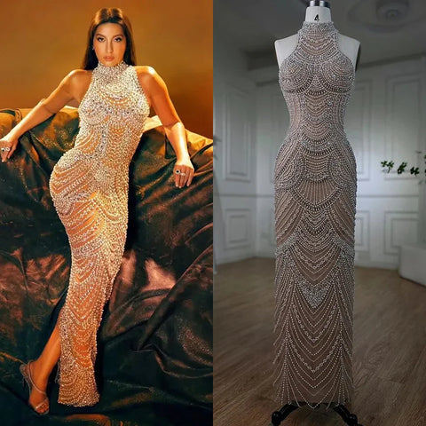 Vestidos de noche elegantes de sirena con cuello halter, sin mangas y cuentas de perlas color nude plateado 2025 para mujer LA72091 