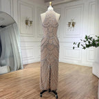 Silver nude Halter Sleeveless Pearls Beaded Mermaid Evening Gowns 2025 Elegant Party Dresses for Women LA72091