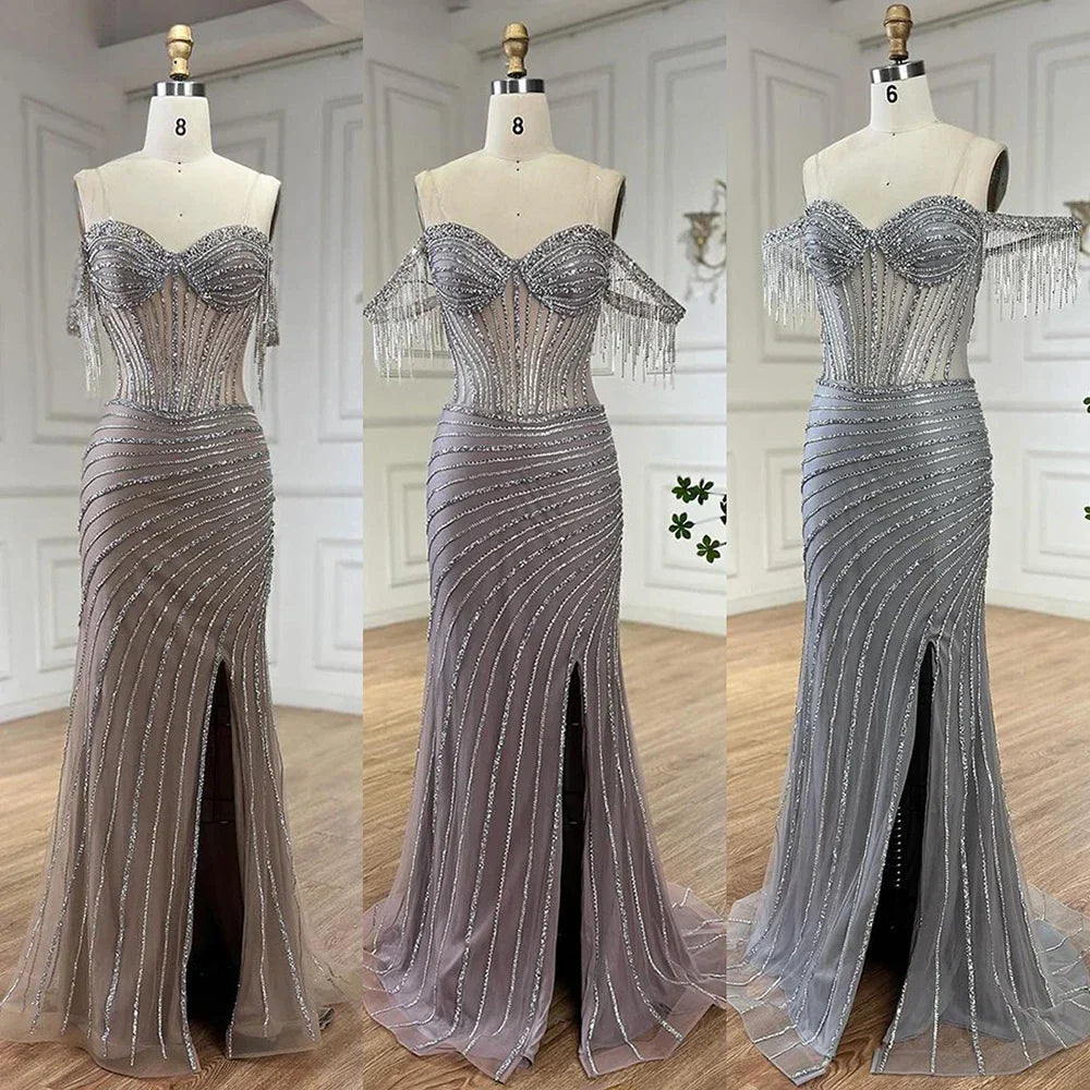 Sliver nude Boat Neck Split Mermaid Elegant Beaded Tassel Evening Dresses Gowns For Woman Wedding Party 2025 LA72391