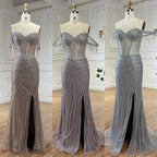 Sliver nude Boat Neck Split Mermaid Elegant Beaded Tassel Evening Dresses Gowns For Woman Wedding Party 2025 LA72391