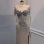 Sliver nude Boat Neck Split Mermaid Elegant Beaded Tassel Evening Dresses Gowns For Woman Wedding Party 2025 LA72391