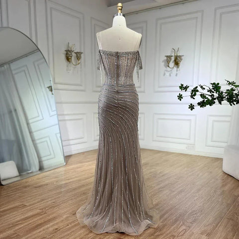 Vestido de noche elegante con borlas y cuentas, corte sirena, escote barco color nude plateado, para mujer, fiesta de boda 2025 LA72391 