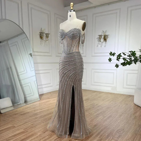 Vestido de noche elegante con borlas y cuentas, corte sirena, escote barco color nude plateado, para mujer, fiesta de boda 2025 LA72391 