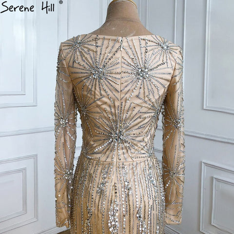 Vestidos de noche elegantes musulmanes color champán, 2025, sirena, de lujo, con cuentas, para mujer, fiesta de bodas LA71191 