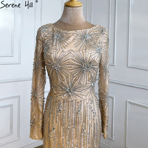 Vestidos de noche elegantes musulmanes color champán, 2025, sirena, de lujo, con cuentas, para mujer, fiesta de bodas LA71191 
