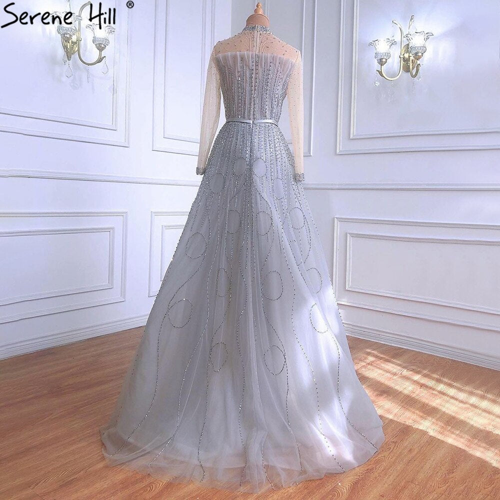 Ｍuslim Grey A-Line Luxury Evening Dresses Gowns 2025 Long Sleeves Beading For Woman Wedding Party LA71014
