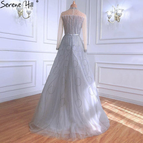 Vestidos de noche musulmanes grises de lujo, corte A, 2025, mangas largas con cuentas, para mujer, fiesta de bodas LA71014 