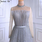 Ｍuslim Grey A-Line Luxury Evening Dresses Gowns 2025 Long Sleeves Beading For Woman Wedding Party LA71014