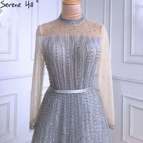 Vestidos de noche musulmanes grises de lujo, corte A, 2025, mangas largas con cuentas, para mujer, fiesta de bodas LA71014 