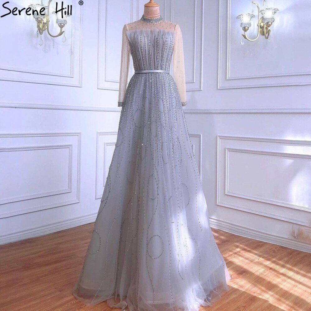 Ｍuslim Grey A-Line Luxury Evening Dresses Gowns 2025 Long Sleeves Beading For Woman Wedding Party LA71014