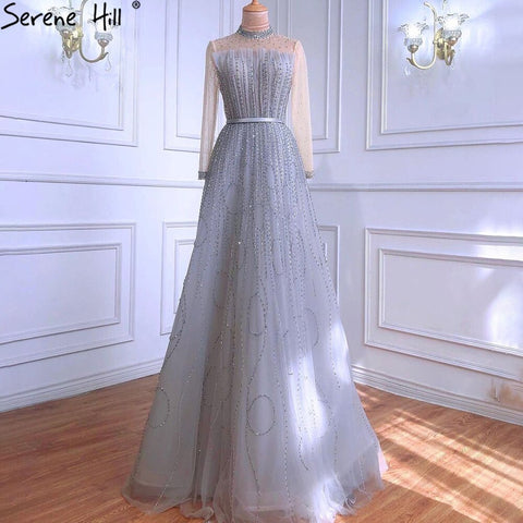 Vestidos de noche musulmanes grises de lujo, corte A, 2025, mangas largas con cuentas, para mujer, fiesta de bodas LA71014 