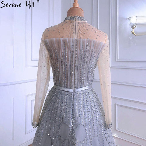 Vestidos de noche musulmanes grises de lujo, corte A, 2025, mangas largas con cuentas, para mujer, fiesta de bodas LA71014 