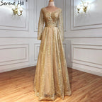 Ｍuslim Luxury Grey Evening Dresses Gowns 2025 A-Line Beading Long Sleeves For Woman Wedding Party LA70819