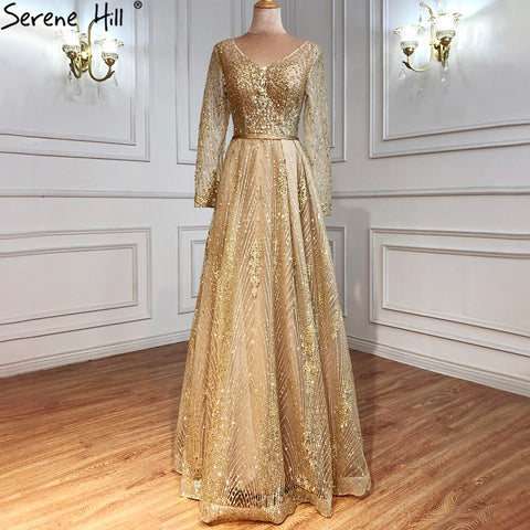 Vestidos de noche musulmanes de lujo en gris, corte A, con cuentas y mangas largas, para mujer, para boda, fiesta, LA70819 