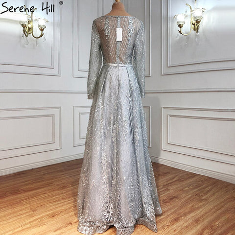 Vestidos de noche musulmanes de lujo en gris, corte A, con cuentas y mangas largas, para mujer, para boda, fiesta, LA70819 
