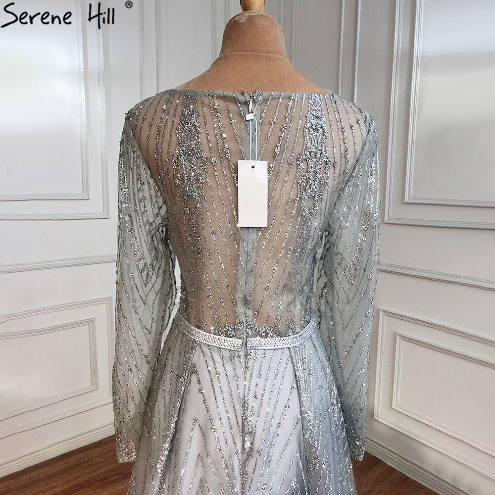 Ｍuslim Luxury Grey Evening Dresses Gowns 2025 A-Line Beading Long Sleeves For Woman Wedding Party LA70819