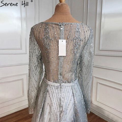 Vestidos de noche musulmanes de lujo en gris, corte A, con cuentas y mangas largas, para mujer, para boda, fiesta, LA70819 