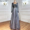 Ｍuslim Luxury Grey Evening Dresses Gowns 2025 A-Line Beading Long Sleeves For Woman Wedding Party LA70819