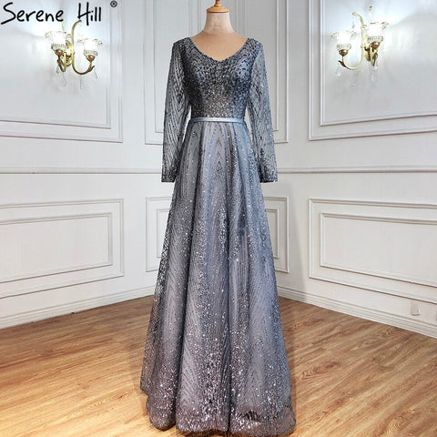 Vestidos de noche musulmanes de lujo en gris, corte A, con cuentas y mangas largas, para mujer, para boda, fiesta, LA70819 