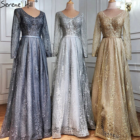Vestidos de noche musulmanes de lujo en gris, corte A, con cuentas y mangas largas, para mujer, para boda, fiesta, LA70819 