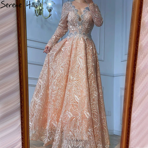 Vestidos de noche musulmanes de lujo en color rosa, 2025, con encaje y cuentas, corte A, para mujer, para boda, fiesta, LA71029 