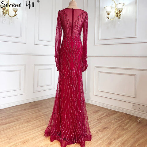 Vestidos de noche musulmanes de lujo en rojo vino, 2025, sirena con cuentas, elegantes para mujer, fiesta de bodas LA71144 