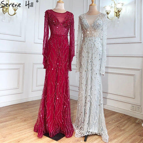 Vestidos de noche musulmanes de lujo en rojo vino, 2025, sirena con cuentas, elegantes para mujer, fiesta de bodas LA71144 