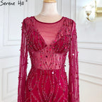 Ｍuslim Wine Red Luxury Evening Dresses Gowns 2025 Mermaid Beaded Elegant For Woman Wedding Party LA71144