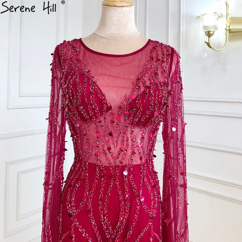 Vestidos de noche musulmanes de lujo en rojo vino, 2025, sirena con cuentas, elegantes para mujer, fiesta de bodas LA71144 