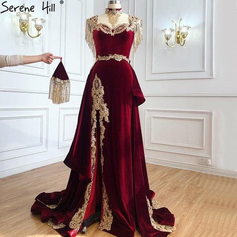 Velvet Wine Red With Detachable Train Evening Gowns   Split Luxury Tassel Sexy For Women Party 2025 LA70789
