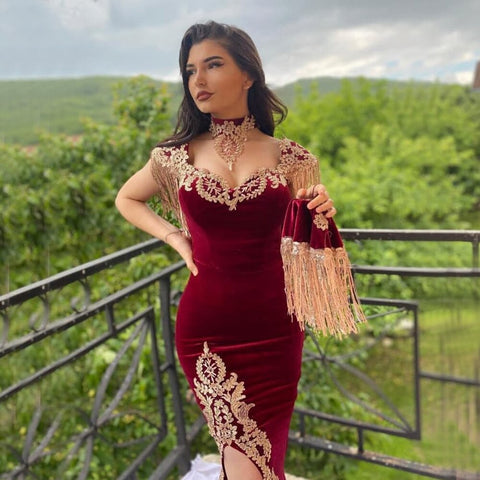 Velvet Wine Red With Detachable Train Evening Gowns   Split Luxury Tassel Sexy For Women Party 2025 LA70789