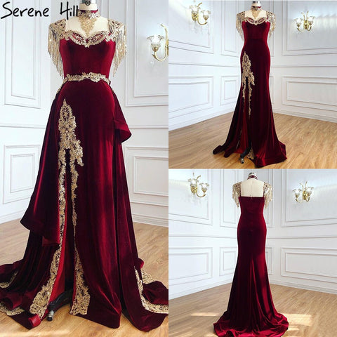 Velvet Wine Red With Detachable Train Evening Gowns   Split Luxury Tassel Sexy For Women Party 2025 LA70789