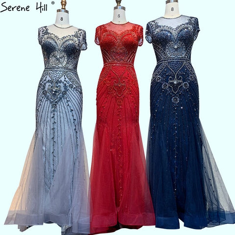 Vestido de noche de lujo de sirena azul, manga de diamante con cuentas de Dubái, diseño de vestir Formal, LA70757, 2025