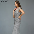 Vestido de noche de lujo de sirena azul, manga de diamante con cuentas de Dubái, diseño de vestir Formal, LA70757, 2025