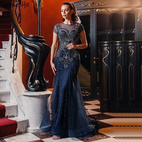 Vestido de noche de lujo de sirena azul, manga de diamante con cuentas de Dubái, diseño de vestir Formal, LA70757, 2025