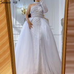 White High Collar One Shoulder 2025 Pearls Lace  Party Wear Luxury Mermaid Evening Formal Dresses For Women LA70462