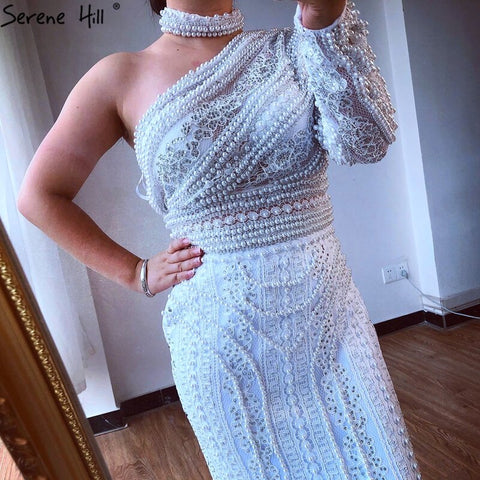 Vestido de fiesta de lujo estilo sirena, de un solo hombro, con cuello alto y encaje de perlas 2025, para mujer LA70462 