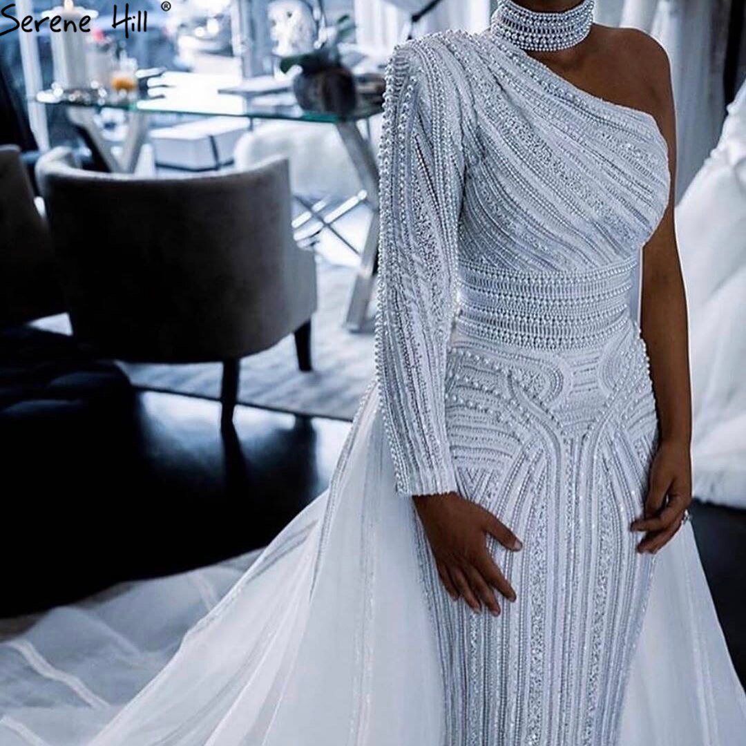White High Collar One Shoulder 2025 Pearls Lace  Party Wear Luxury Mermaid Evening Formal Dresses For Women LA70462