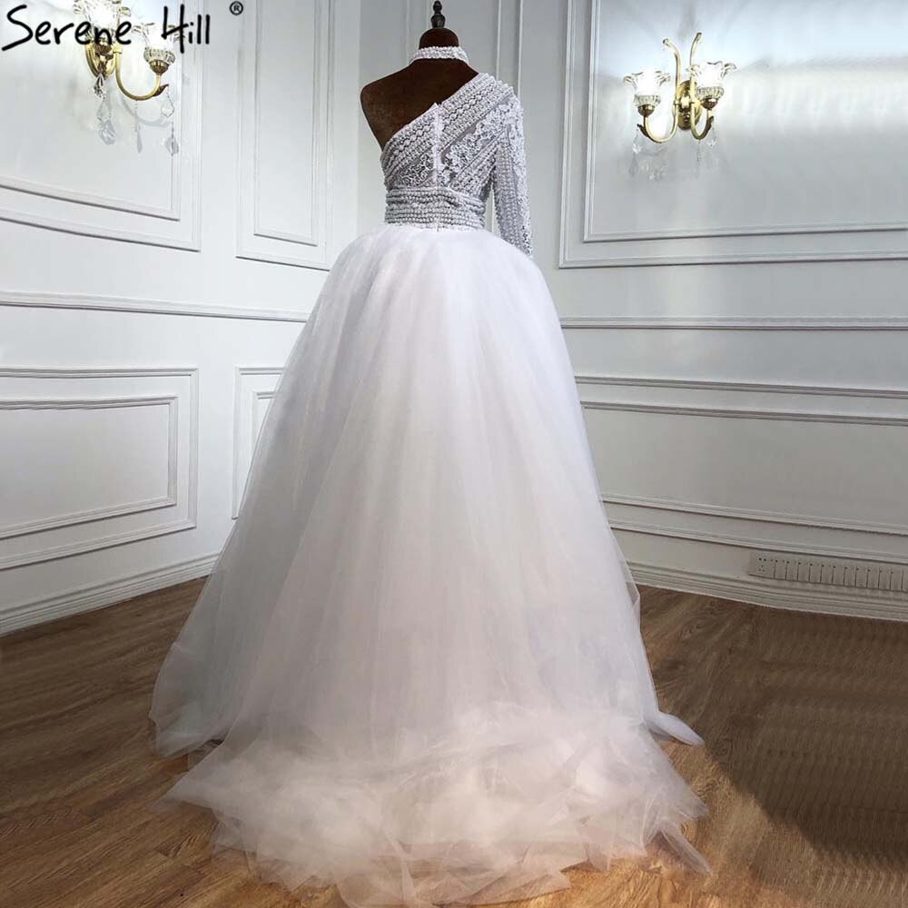 White High Collar One Shoulder 2025 Pearls Lace  Party Wear Luxury Mermaid Evening Formal Dresses For Women LA70462