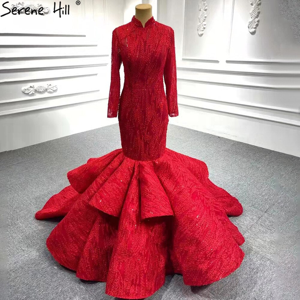 Serenr Hill Muslim Red  Mermaid Vintage Wedding Dresses 2025 Elegant Lace Up Bridal Gowns HM66614M Custom Made