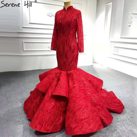 Serenr Hill - Vestidos de novia musulmanes vintage de sirena roja 2025, elegantes vestidos de novia con cordones HM66614M, hechos a medida 