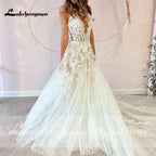 Sexy A-Line Backless Wedding Dress  Vintage Lace Applique Beaded Off White Tulle Wedding Gowns Trouwjurk Long Bridal Dress