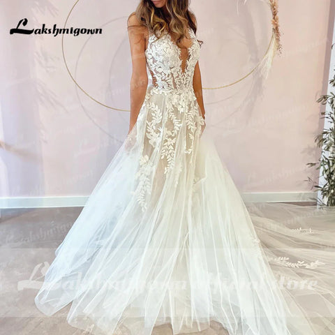 Robe de mariée sexy dos nu en dentelle vintage, appliques perlées, tulle blanc cassé, robe de mariée longue 
