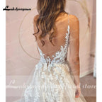 Sexy A-Line Backless Wedding Dress  Vintage Lace Applique Beaded Off White Tulle Wedding Gowns Trouwjurk Long Bridal Dress