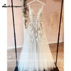 Sexy A-Line Backless Wedding Dress  Vintage Lace Applique Beaded Off White Tulle Wedding Gowns Trouwjurk Long Bridal Dress